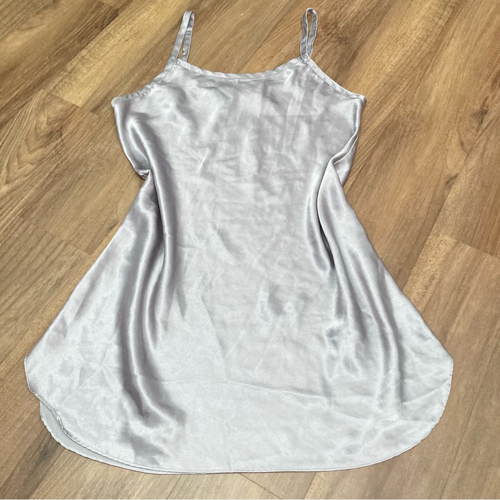 Vintage 90s Minimalist Silky Silver Mini Slip Dress Sz Large